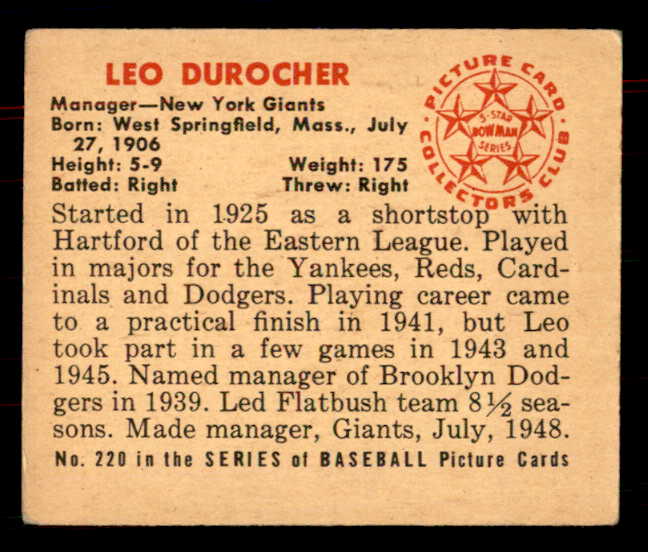 1950 Bowman Baseball #220 Leo Durocher Giants VG-EX No Copyright 555938