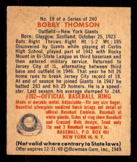 1949 Bowman Baseball #018 Bobby Thomson Giants EX+/EX-MT 555942