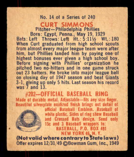 1949 Bowman Baseball #014 Curt Simmons Phillies EX+/EX-MT 555943
