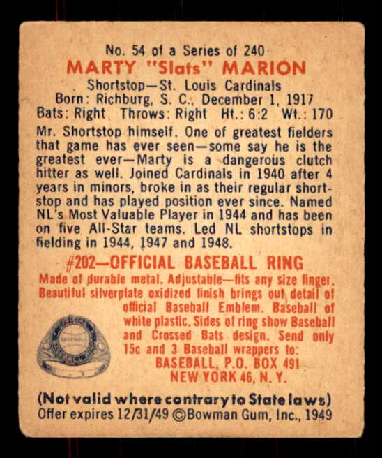 1949 Bowman Baseball #054 Marty Marion Cardinals EX+/EX-MT 555951