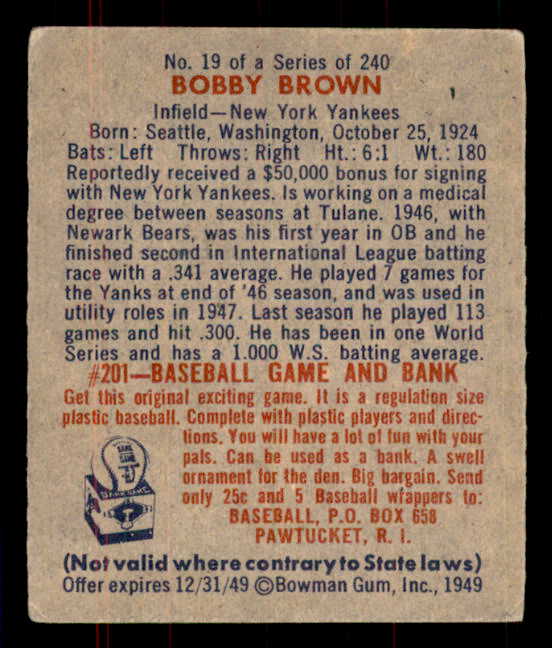 1949 Bowman Baseball #019 Bobby Brown Yankees VG-EX 555956
