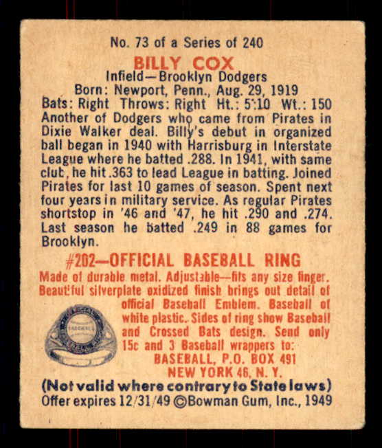 1949 Bowman Baseball #073 Billy Cox Dodgers EX+/EX-MT 555957