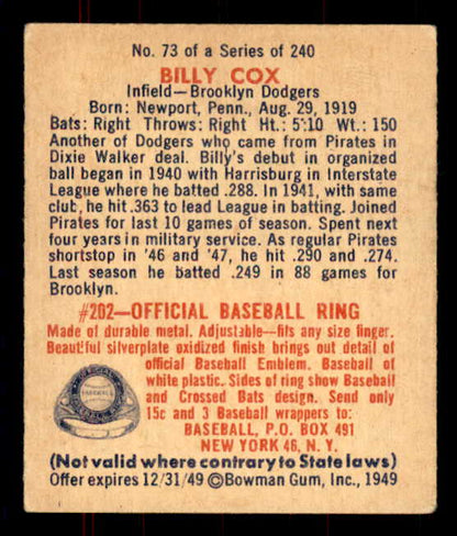 1949 Bowman Baseball #073 Billy Cox Dodgers EX+/EX-MT 555957