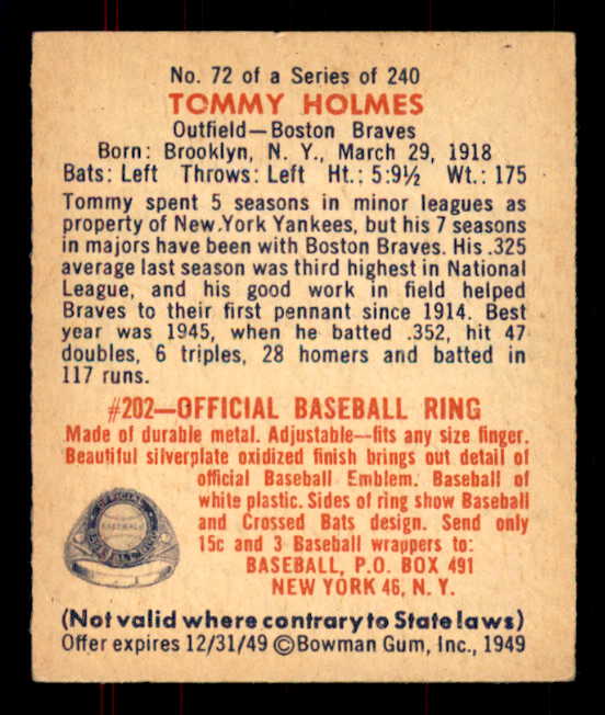 1949 Bowman Baseball #072 Tommy Holmes Braves EX-MT 555958