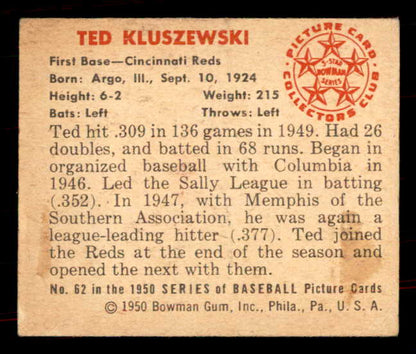 1950 Bowman Baseball #062 Ted Kluszewski Reds EX+/EX-MT 555960