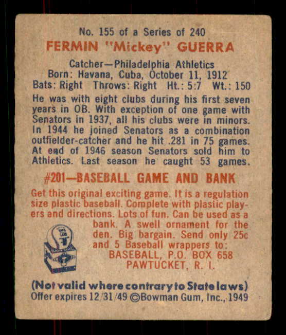 1949 Bowman Baseball #155 Mickey Guerra A's VG-EX 555964