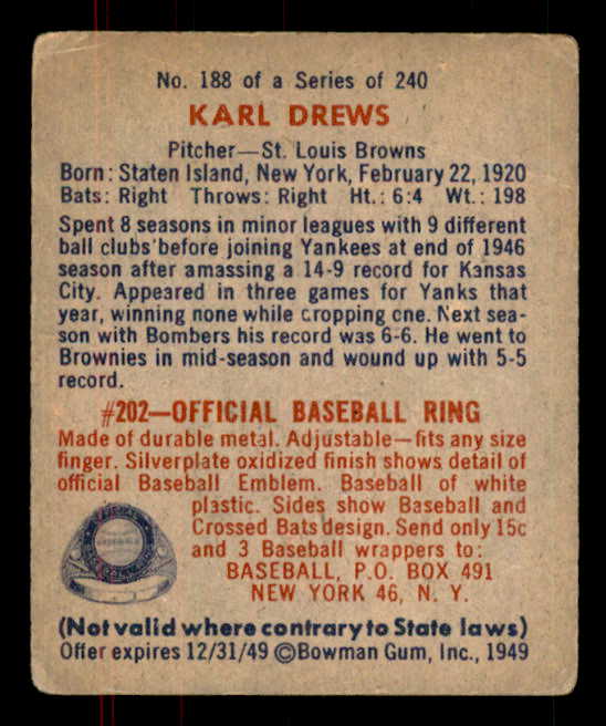 1949 Bowman Baseball #188 Karl Drews Browns VG-EX 555971