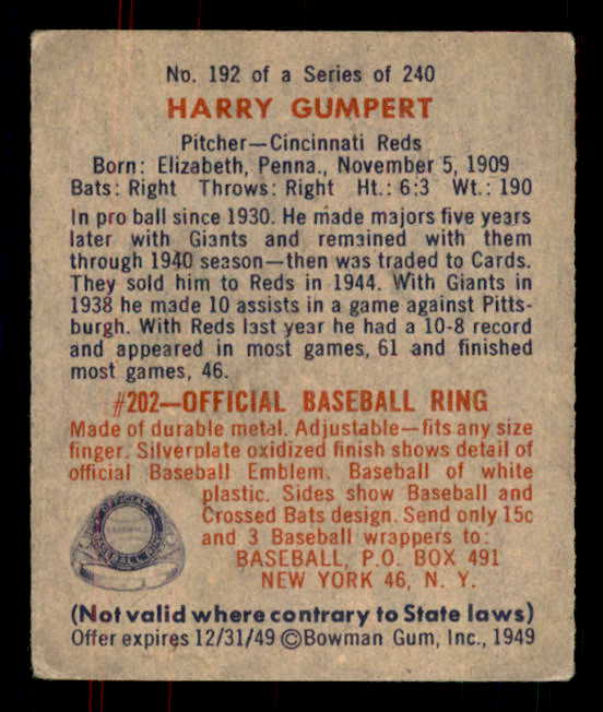 1949 Bowman Baseball #192 Harry Gumpert Reds VG-EX 555974