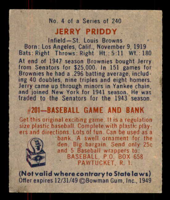 1949 Bowman Baseball #004 Jerry Priddy Browns Good Name Front 555979