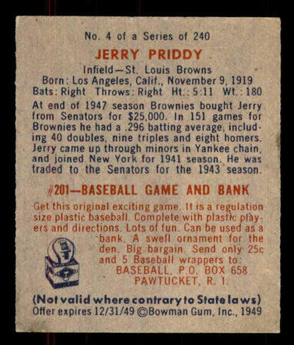 1949 Bowman Baseball #004 Jerry Priddy Browns Good Name Front 555979