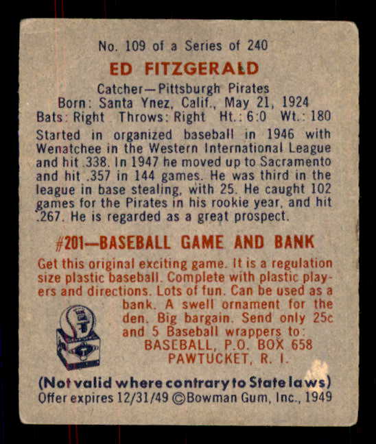 1949 Bowman Baseball #109 Ed Fitzgerald Pirates VG-EX Print 555980
