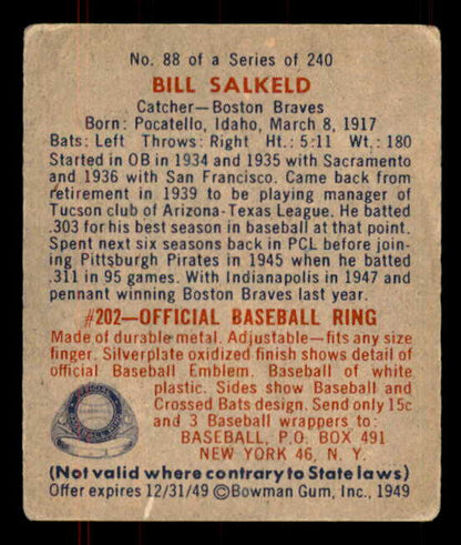 1949 Bowman Baseball #088 Bill Salkeld Braves VG-EX Name Front 555981