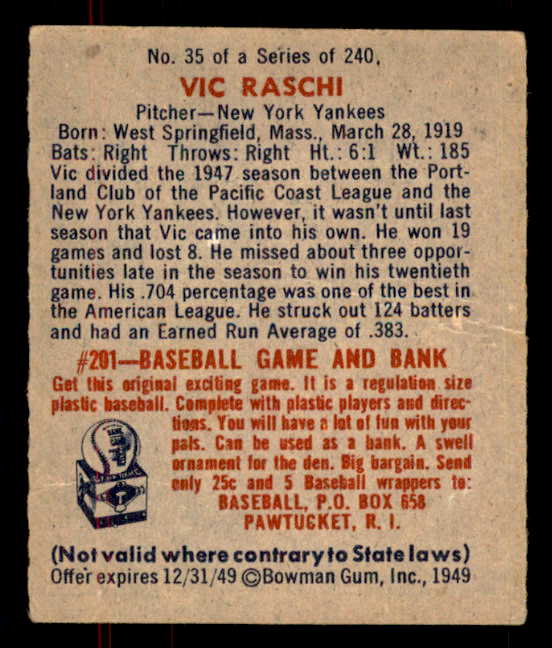 1949 Bowman Baseball #035 Vic Raschi Yankees VG-EX 555983