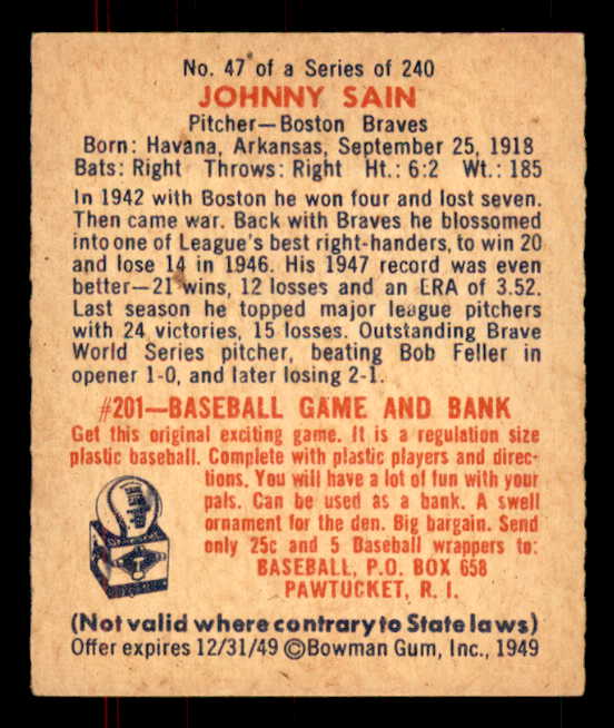 1949 Bowman Baseball #047 Johnny Sain Braves EX-MT 555984