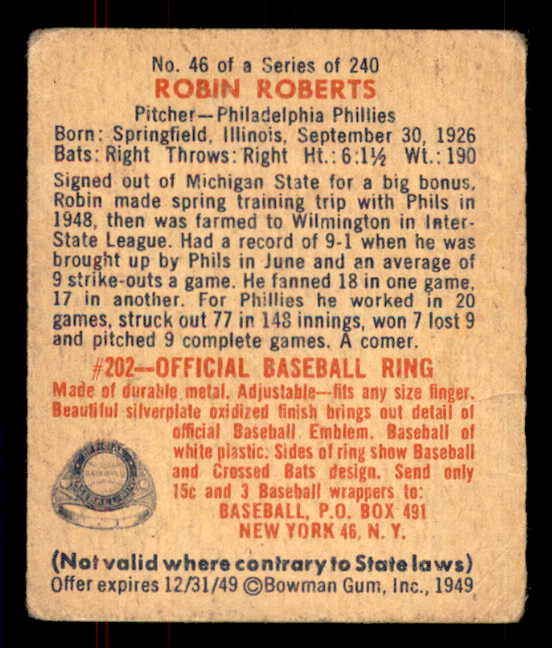 1949 Bowman Baseball #046 Robin Roberts Phillies VG 555986