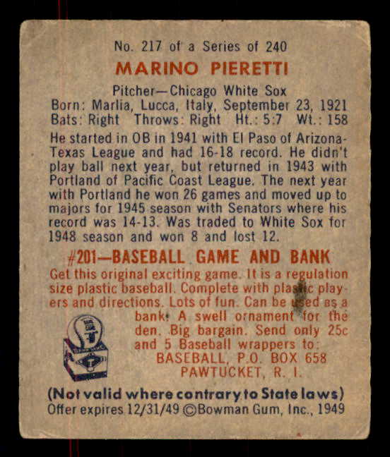 1949 Bowman Baseball #217 Marino Pieretti White Sox VG-EX 555995