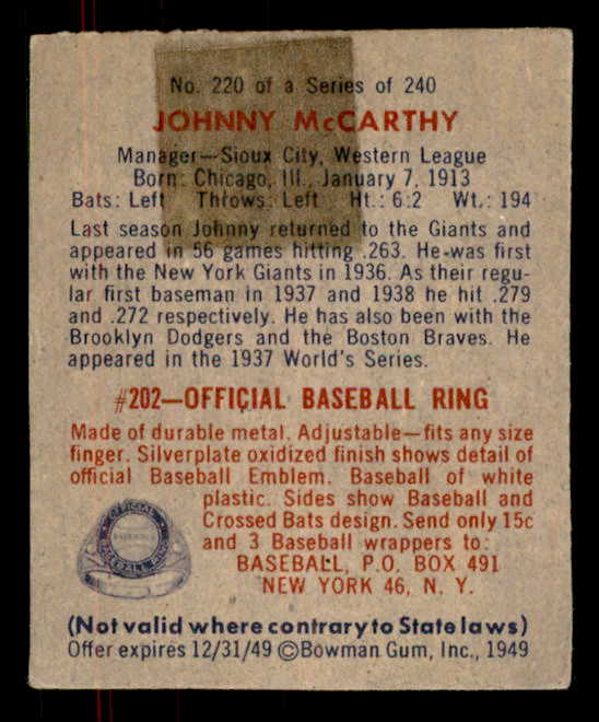 1949 Bowman Baseball #220 Johnny McCarthy Giants VG tape back 556005
