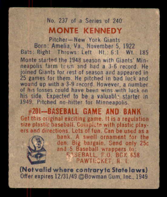 1949 Bowman Baseball #237 Monte Kennedy Giants EX 556016