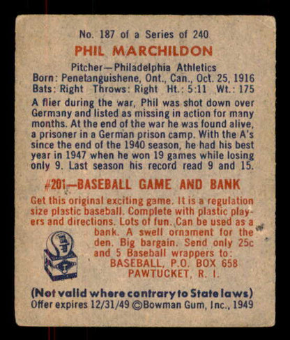 1949 Bowman Baseball #187 Phil Marchildon A's EX 556028