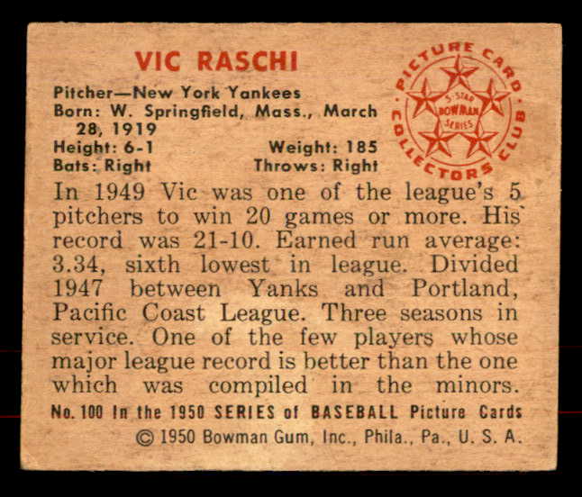 1950 Bowman Baseball #100 Vic Raschi Yankees VG-EX 556032
