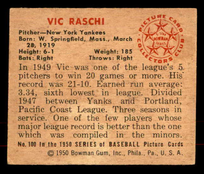 1950 Bowman Baseball #100 Vic Raschi Yankees VG-EX 556032
