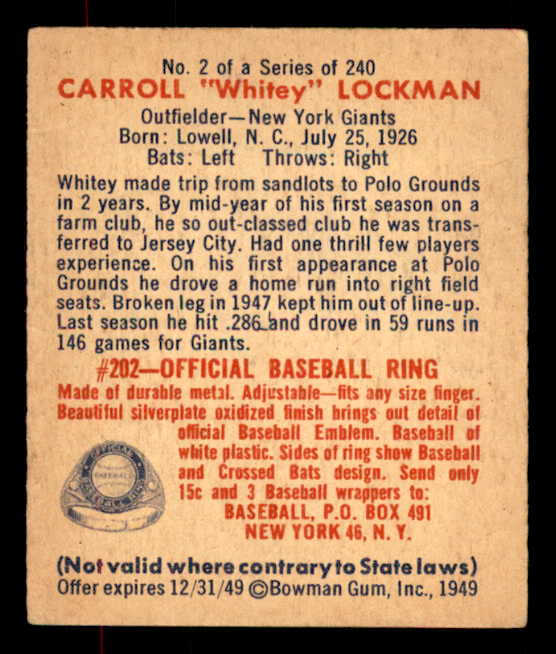 1949 Bowman Baseball #002 Whitey Lockman Giants EX+/EX-MT 556037