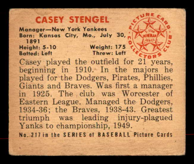 1950 Bowman Baseball #217 Casey Stengel Yankees VG-EX No Copyright 556038