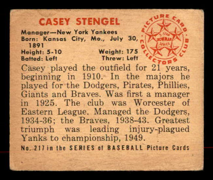 1950 Bowman Baseball #217 Casey Stengel Yankees VG-EX No Copyright 556038