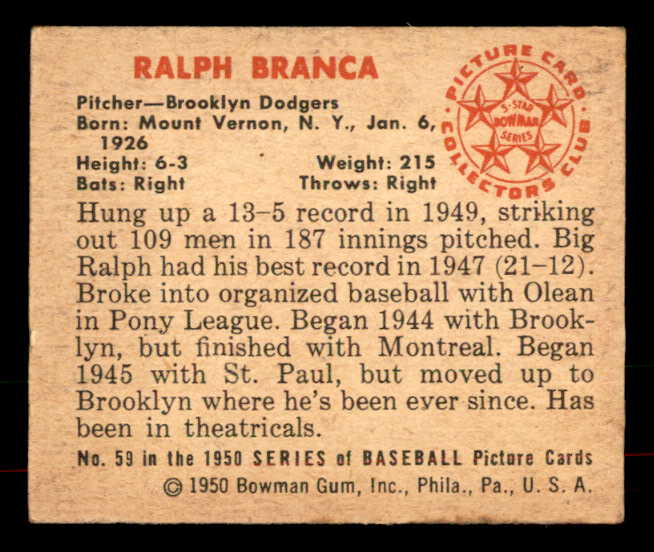 1950 Bowman Baseball #059 Ralph Branca Dodgers EX+/EX-MT 556042