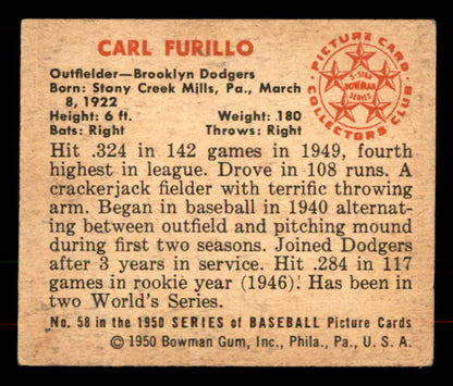 1950 Bowman Baseball #058 Carl Furillo Dodgers VG-EX 556043