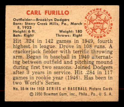1950 Bowman Baseball #058 Carl Furillo Dodgers VG-EX 556044