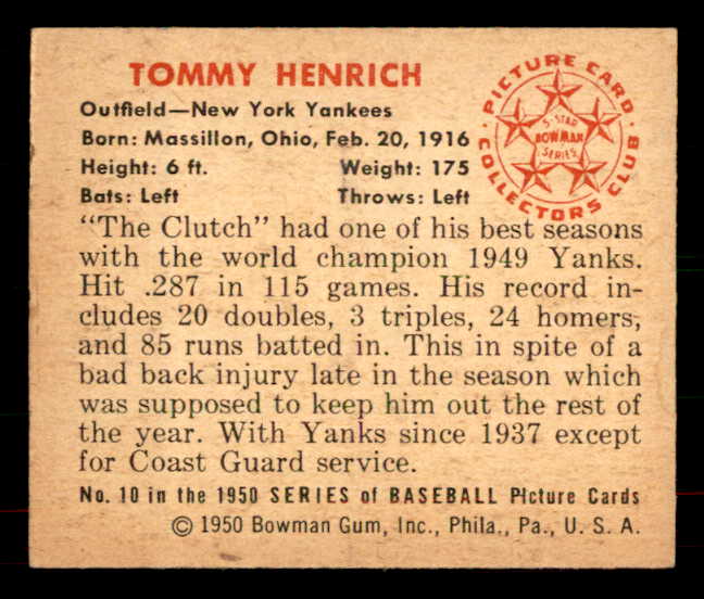 1950 Bowman Baseball #010 Tommy Henrich Yankees EX-MT 556050