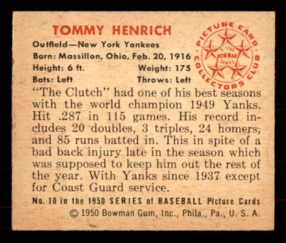 1950 Bowman Baseball #010 Tommy Henrich Yankees EX-MT 556050