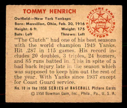 1950 Bowman Baseball #010 Tommy Henrich Yankees EX 556051