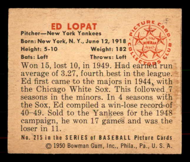 1950 Bowman Baseball #215 Eddie Lopat Yankees EX-MT 556055