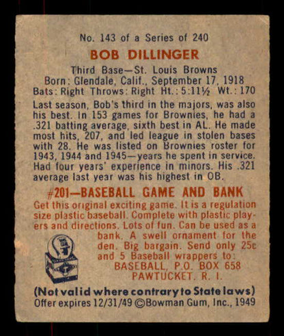 1949 Bowman Baseball #143 Bob Dillinger Browns EX Print 556057