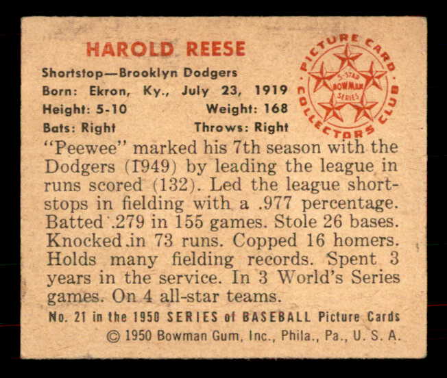 1950 Bowman Baseball #021 Pee Wee Reese Dodgers VG-EX 556058