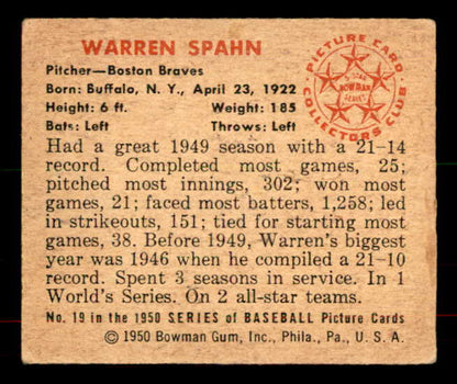 1950 Bowman Baseball #019 Warren Spahn Braves VG/VG-EX 556060