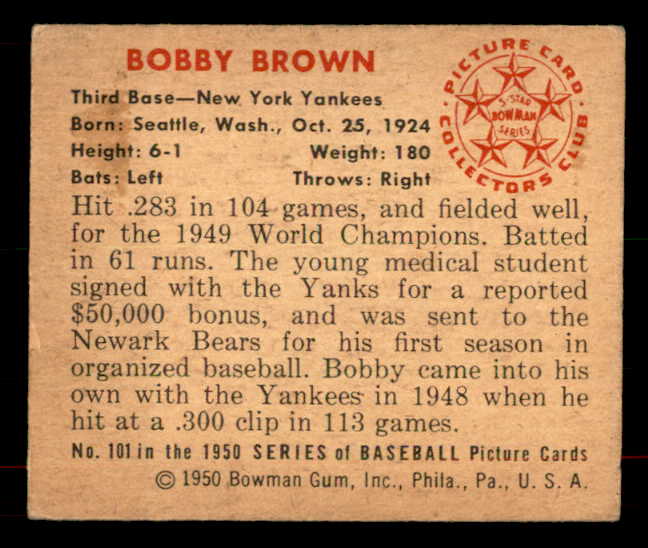 1950 Bowman Baseball #101 Bobby Brown Yankees VG-EX 556061