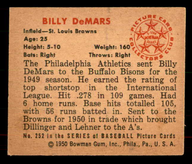 1950 Bowman Baseball #252 Billy Demars Browns EX-MT 556062