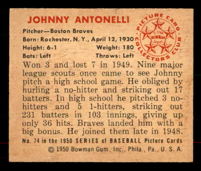 1950 Bowman Baseball #074 Johnny Antonelli Braves EX-MT 556063