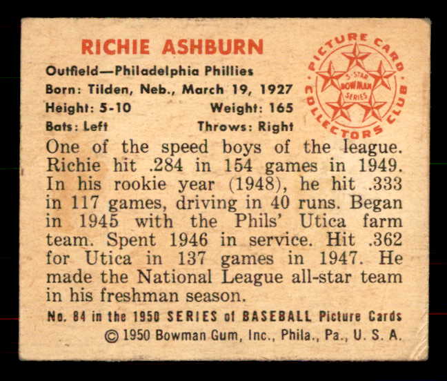 1950 Bowman Baseball #084 Richie Ashburn Phillies VG-EX 556064