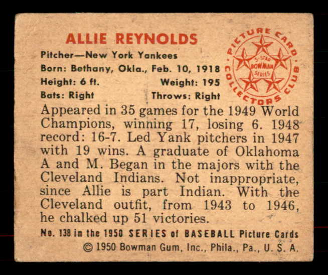 1950 Bowman Baseball #138 Allie Reynolds Yankees VG 556065