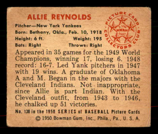 1950 Bowman Baseball #138 Allie Reynolds Yankees VG 556066