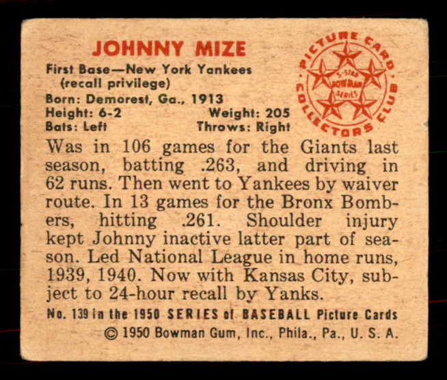 1950 Bowman Baseball #139 Johnny Mize Yankees VG-EX 556067