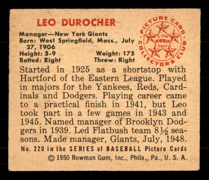 1950 Bowman Baseball #220 Leo Durocher Giants EX-MT 556068