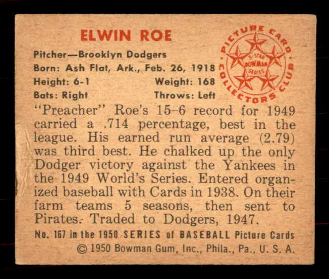 1950 Bowman Baseball #167 Preacher Roe Dodgers EX+ 556071
