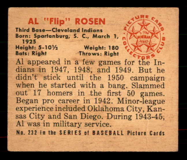 1950 Bowman Baseball #232 Al Rosen Indians EX No Copyright 556073
