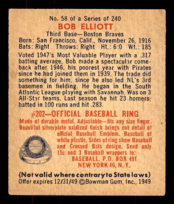 1949 Bowman Baseball #058 Bob Elliott Braves EX-MT 556084