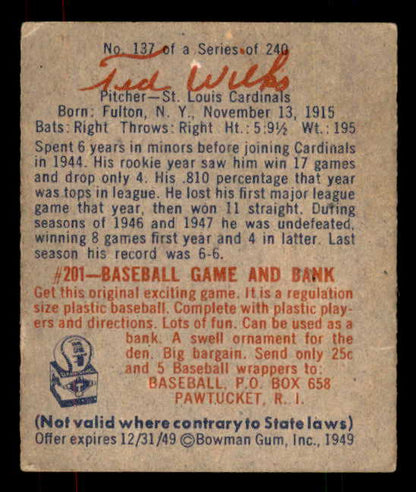 1949 Bowman Baseball #137 Ted Wilks Cardinals EX-MT 556102